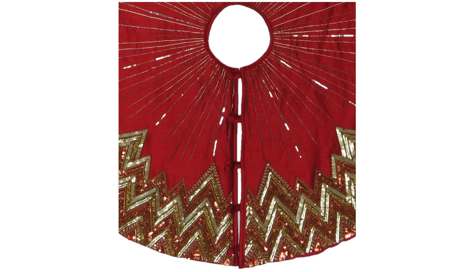 Handmade Christmas Tree Skirt - Hand Beaded Metallic Starburst on Garnet Red- 60"