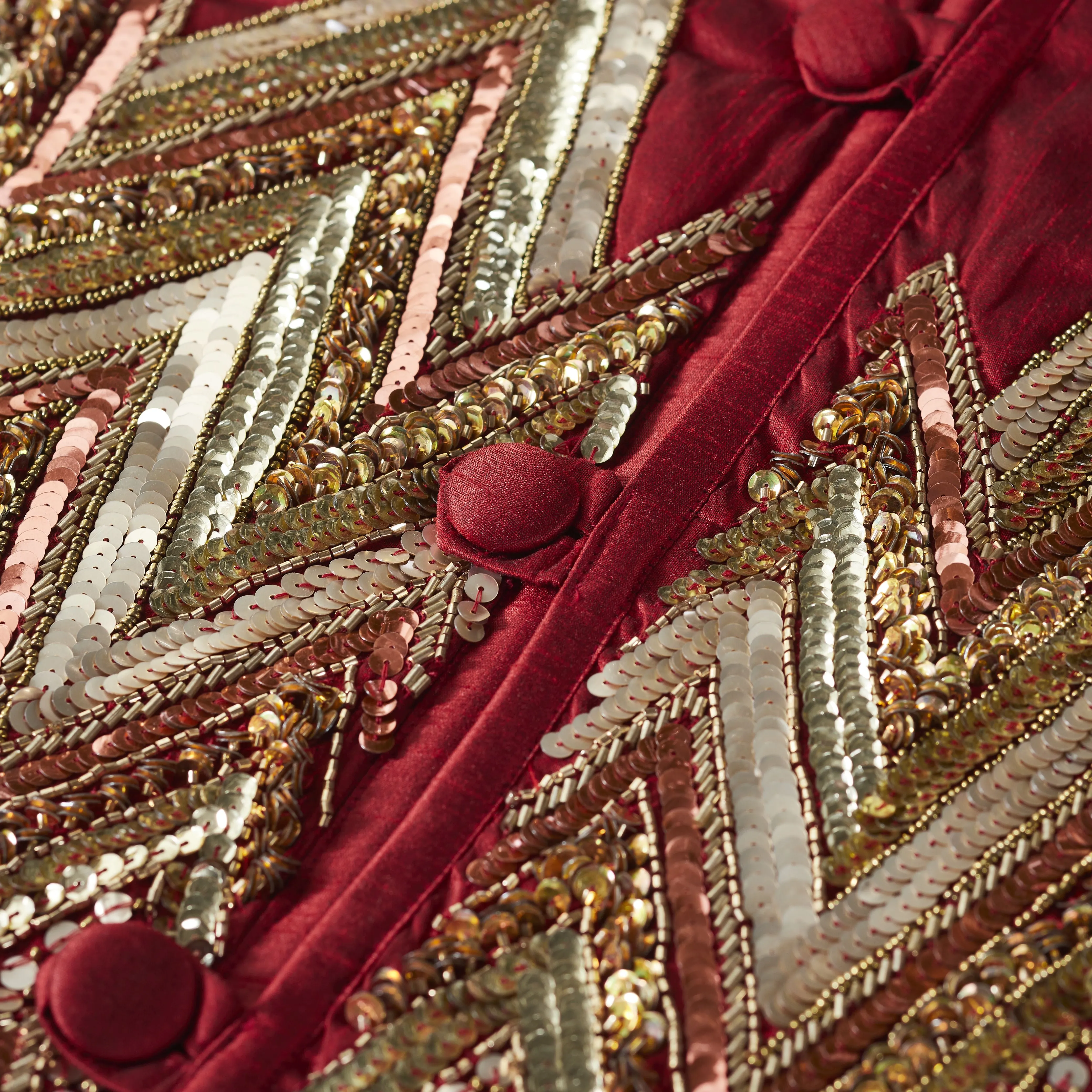 Handmade Christmas Tree Skirt - Hand Beaded Metallic Starburst on Garnet Red- 60"