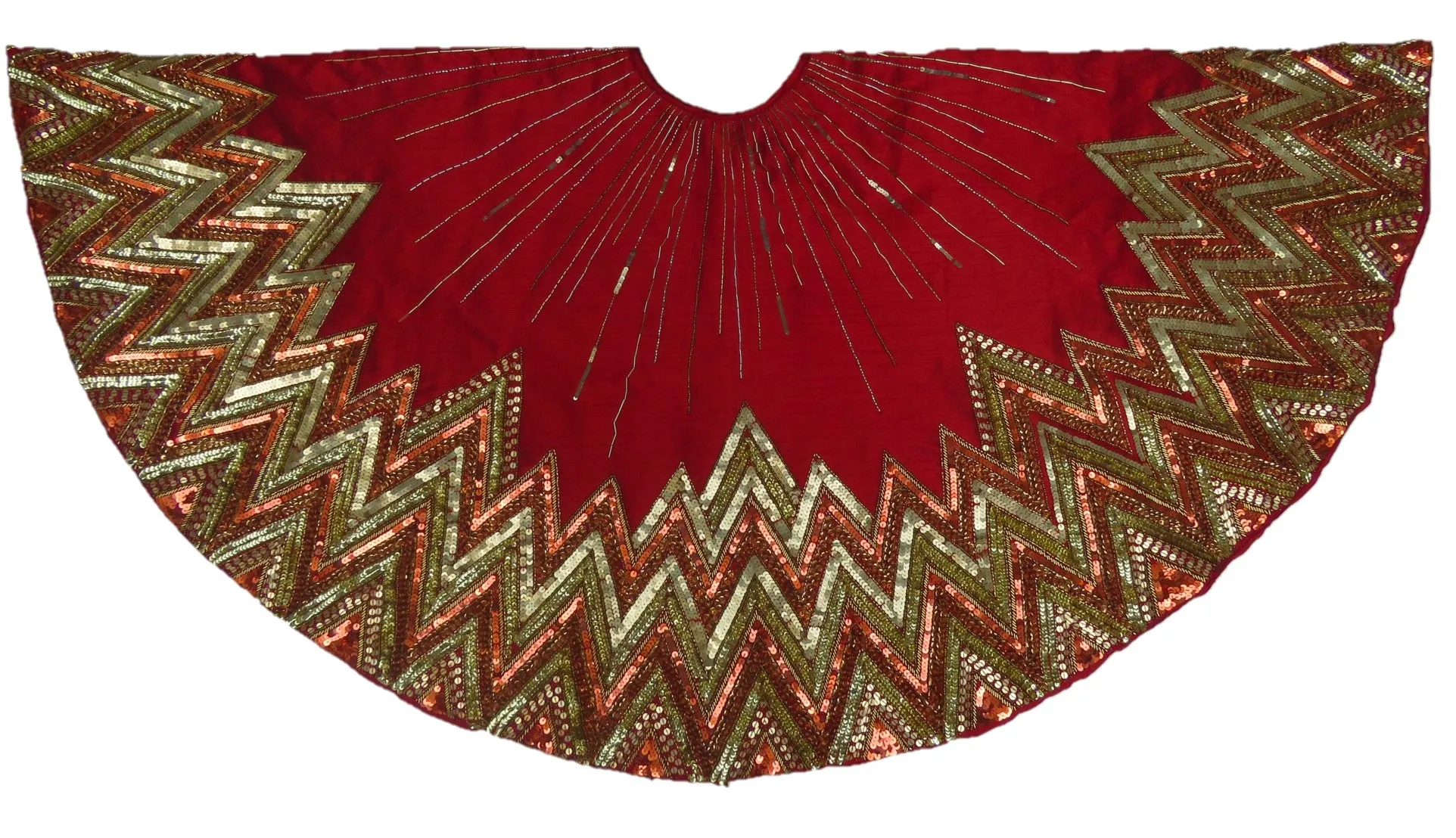 Handmade Christmas Tree Skirt - Hand Beaded Metallic Starburst on Garnet Red- 60"