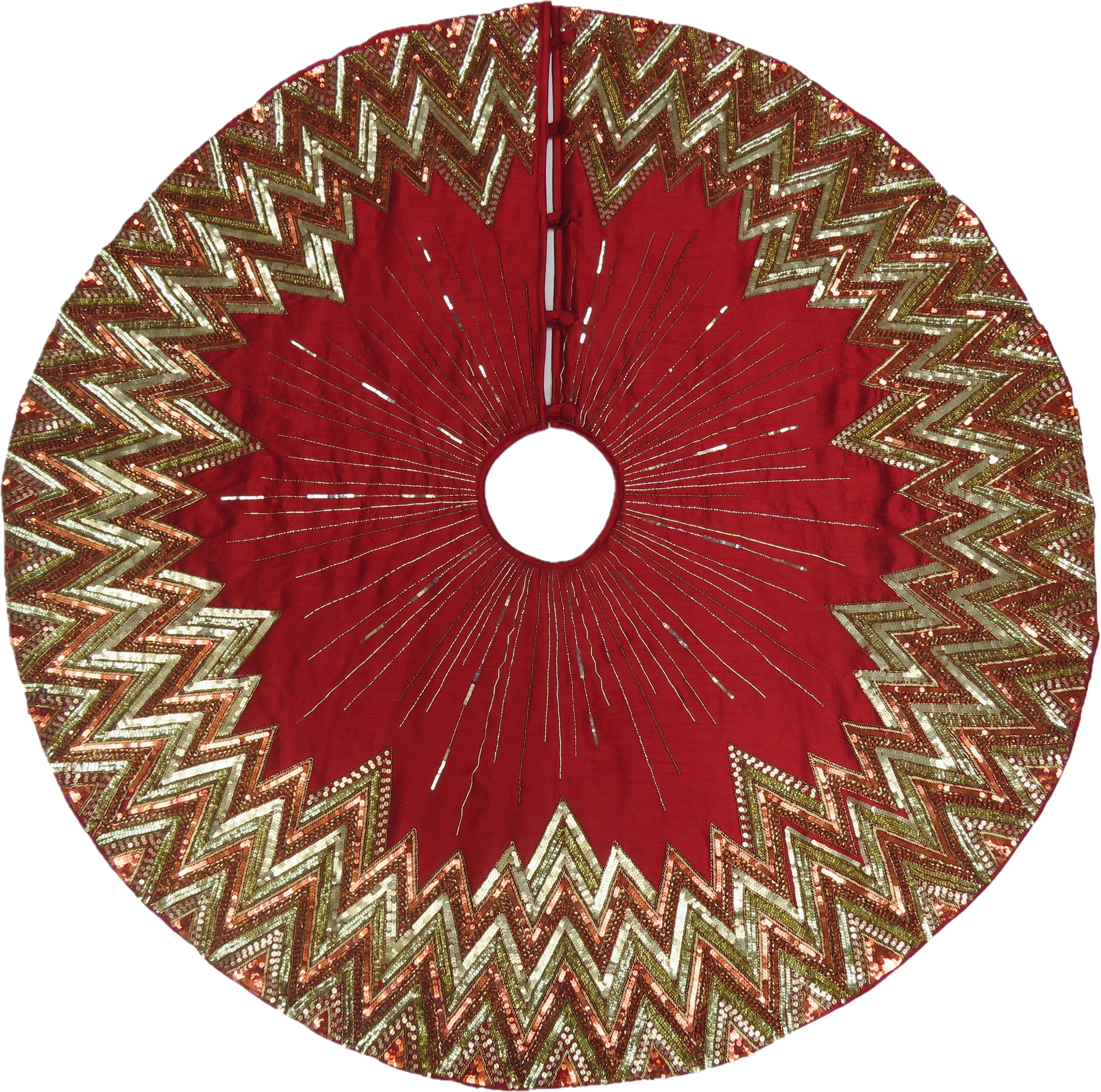 Handmade Christmas Tree Skirt - Hand Beaded Metallic Starburst on Garnet Red- 60"