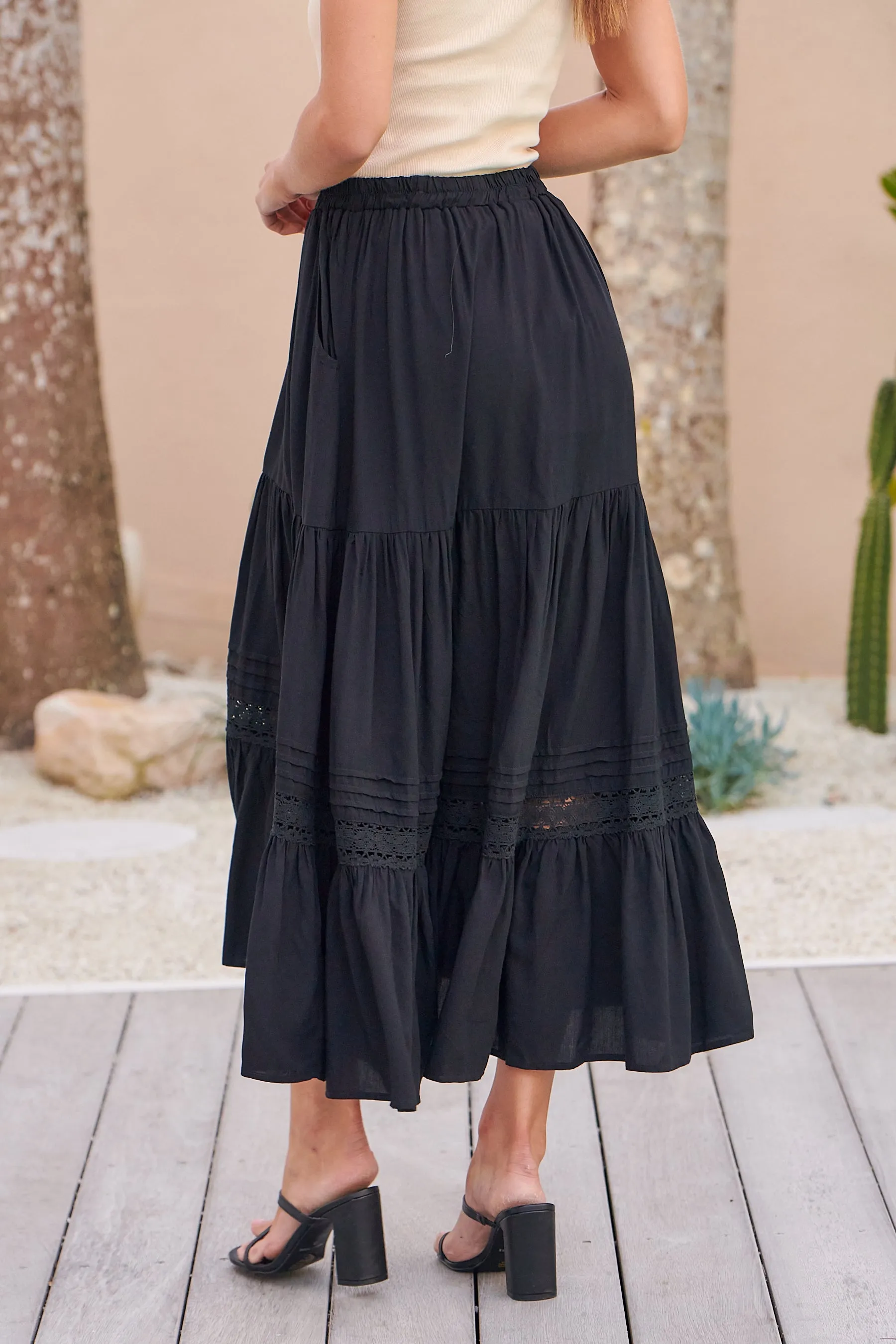 Kira Black Lace Detailed Hi/Low Maxi Skirt