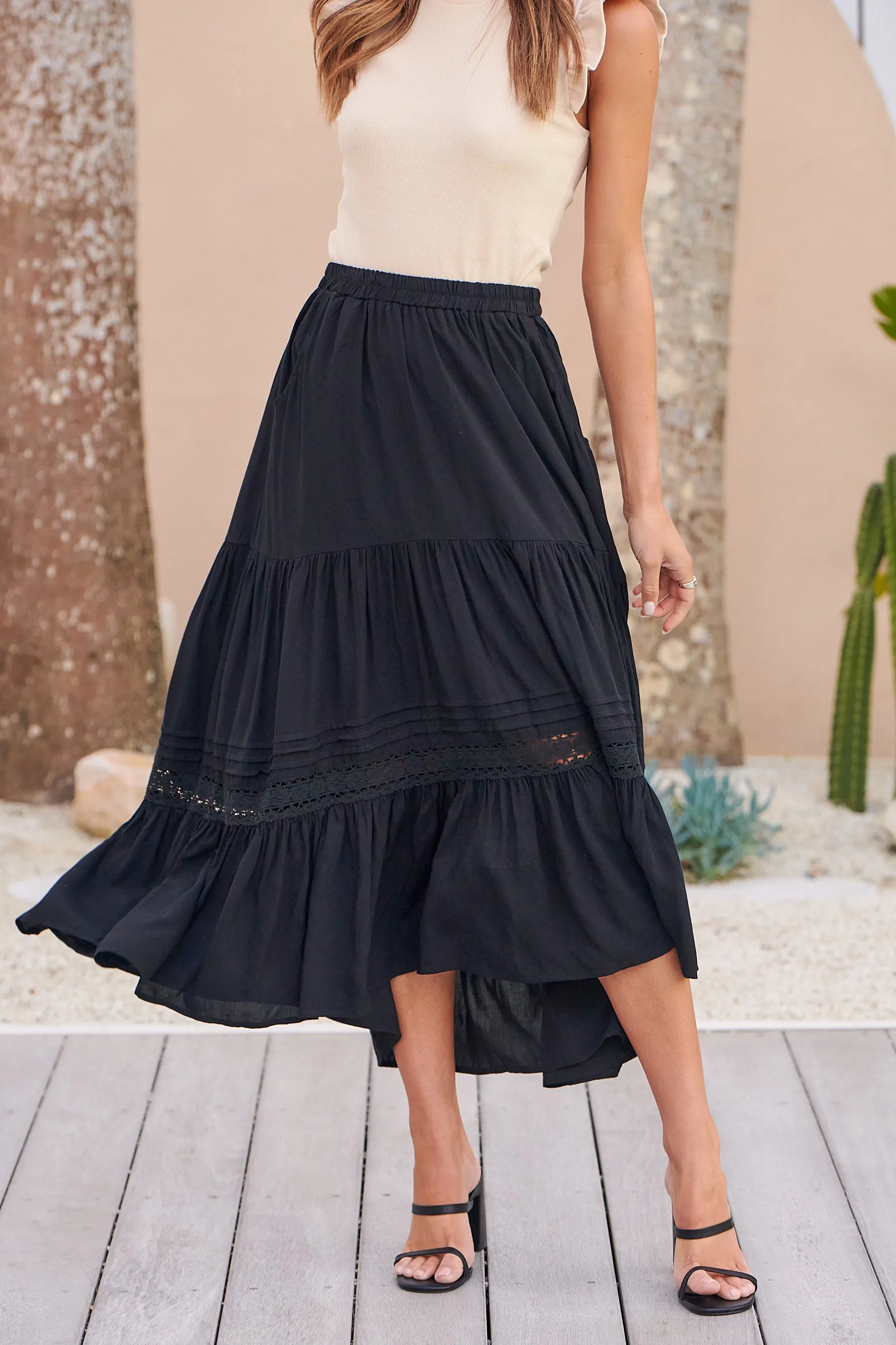 Kira Black Lace Detailed Hi/Low Maxi Skirt