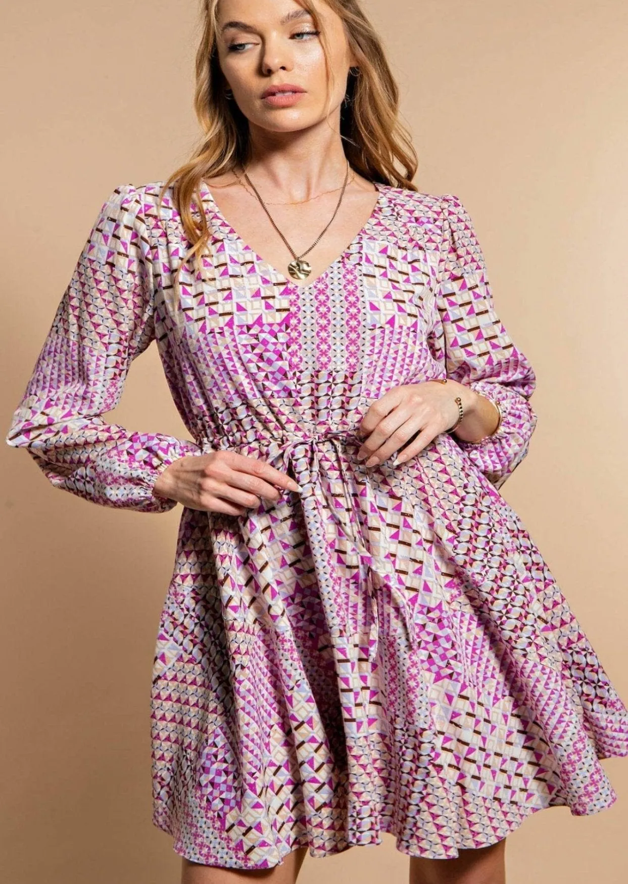 Lavender Geo Print Tie Waist Dress ~ FINAL SALE