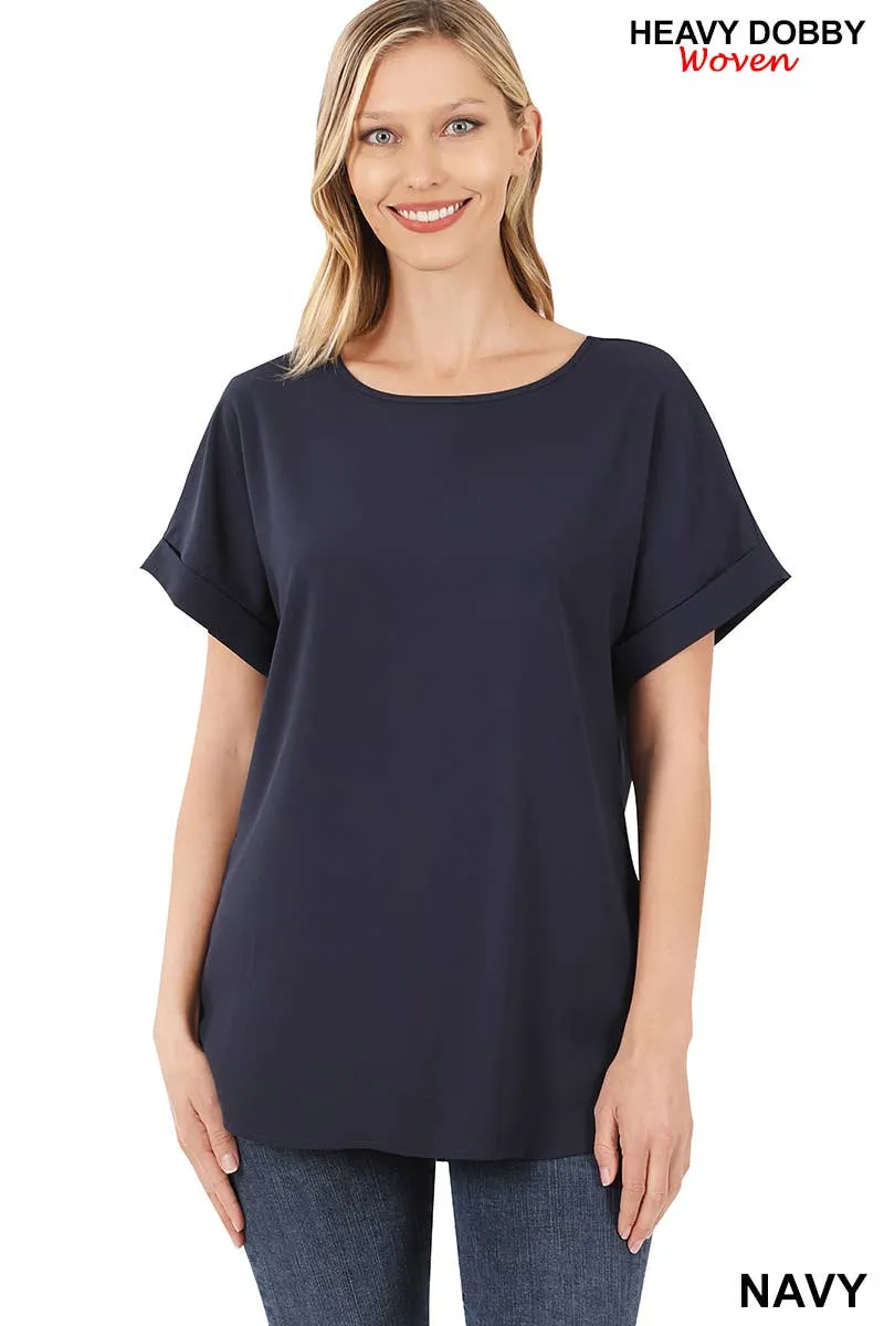 Light Navy Woven Dobby Rolled Sleeve Boat Neck Top