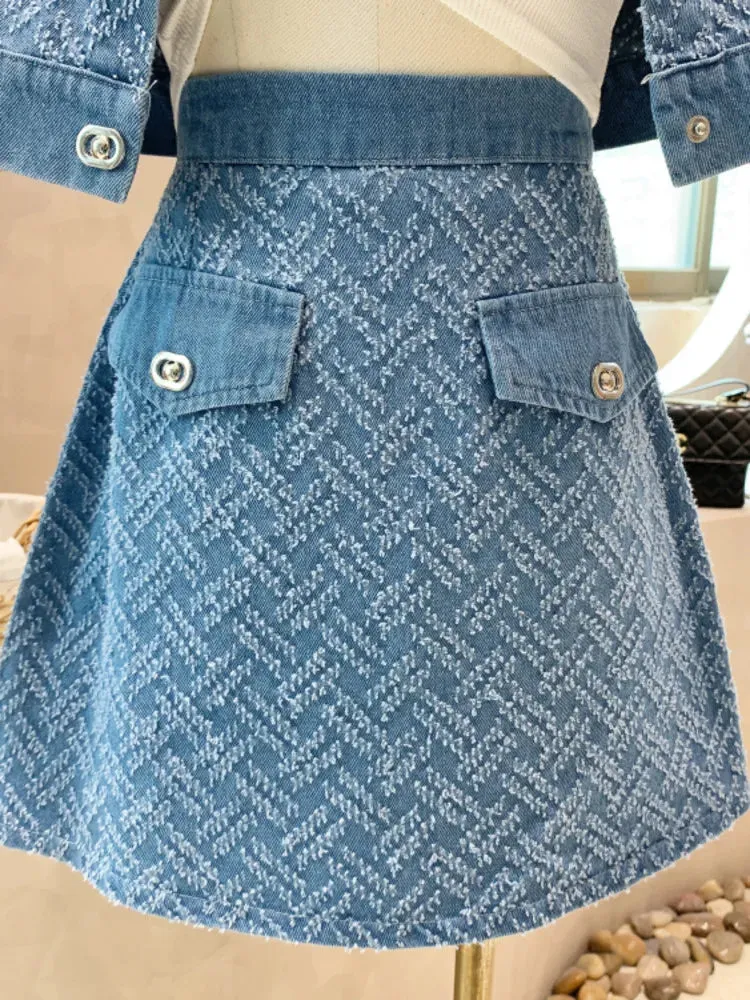 LVSANW 2024 Summer New Street Fashion Women's Suit With Skirt Denim Short Sleeve Top Sweet Girl Female Blue Plaid Skirt 2 Piece Set