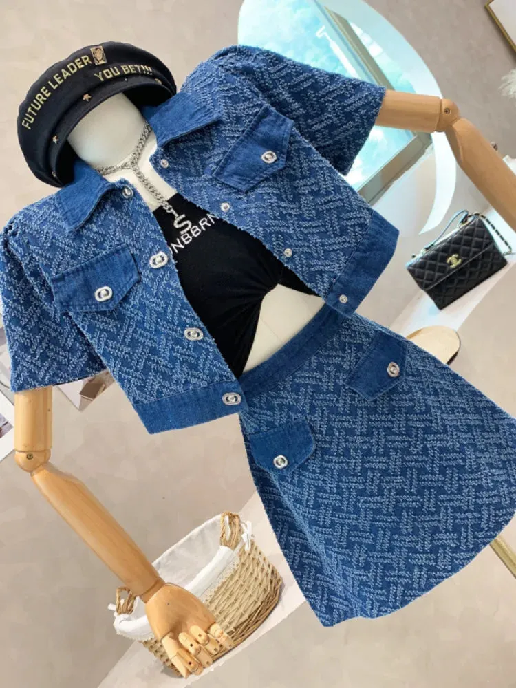 LVSANW 2024 Summer New Street Fashion Women's Suit With Skirt Denim Short Sleeve Top Sweet Girl Female Blue Plaid Skirt 2 Piece Set