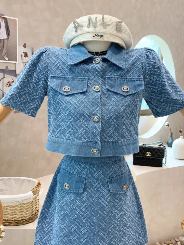 LVSANW 2024 Summer New Street Fashion Women's Suit With Skirt Denim Short Sleeve Top Sweet Girl Female Blue Plaid Skirt 2 Piece Set