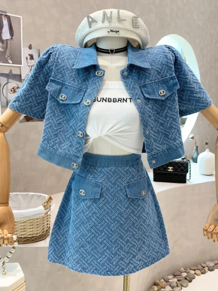 LVSANW 2024 Summer New Street Fashion Women's Suit With Skirt Denim Short Sleeve Top Sweet Girl Female Blue Plaid Skirt 2 Piece Set