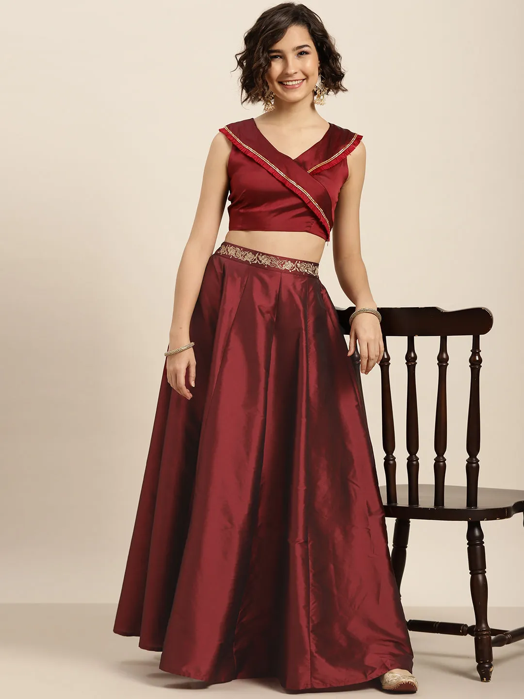 Maroon Embroidered Waistband Anarkali Skirt