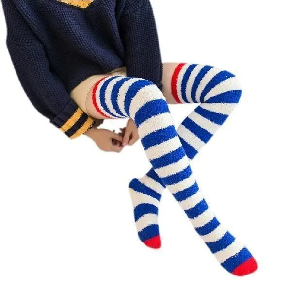 Navy Striped Fuzzy Thigh Highs