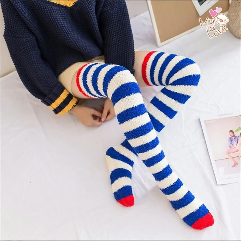 Navy Striped Fuzzy Thigh Highs