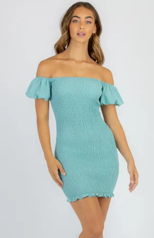 Off The Shoulder Shirred Mini Dress