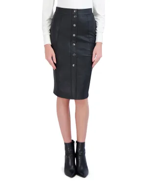 Ookie & Lala Faux Button Front Textured Vegan Leather Pencil Skirt with Front Vent