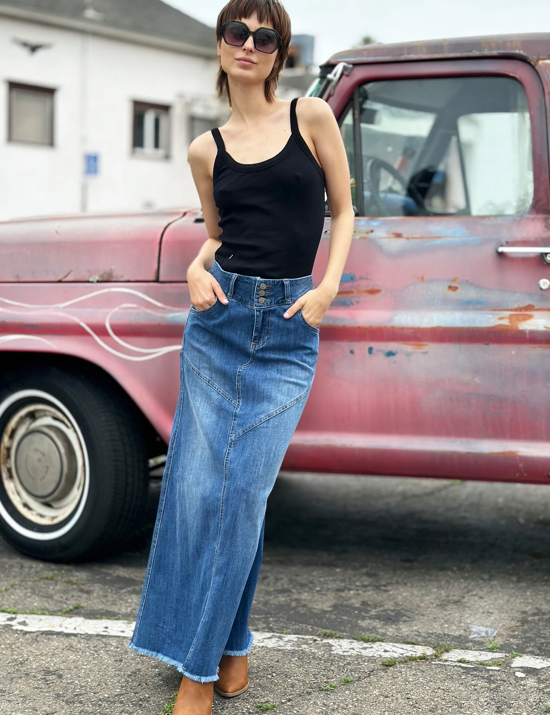 Pieced Denim Maxi Skirt