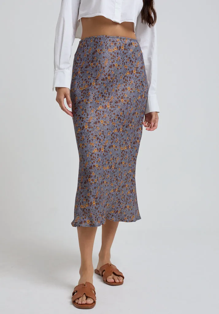 Poppy Bias Cut Aster Print Midi Skirt In Grey