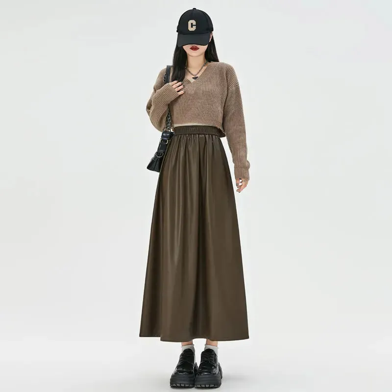 PU Elastic Waist Simple Loose Female Skirts New Casual Sexy Fashion Office Ladies Solid Color Chic Women's Skirts Black