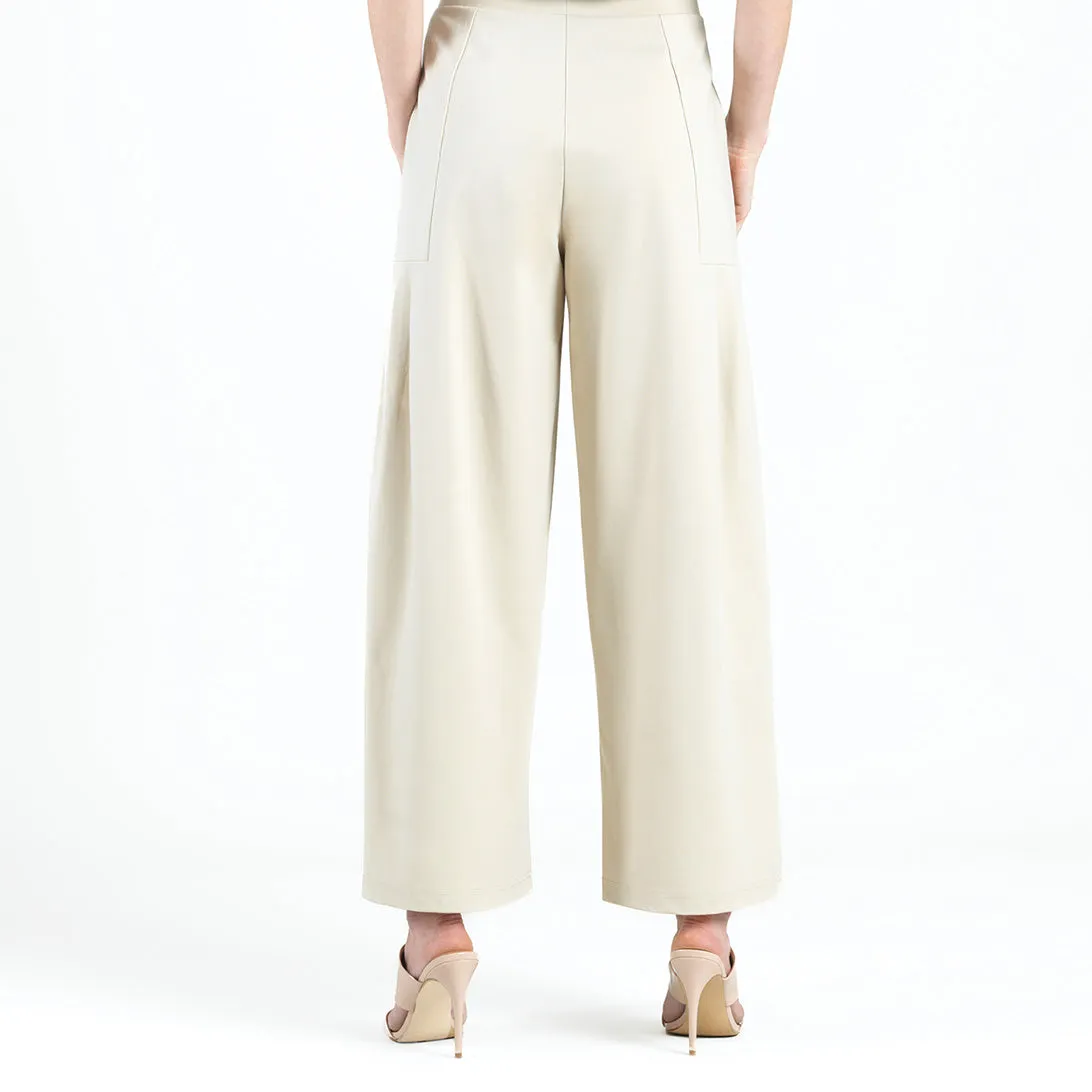 Rayon-Ponte Knit - Pleated Wide Leg Pocket Pant - Khaki