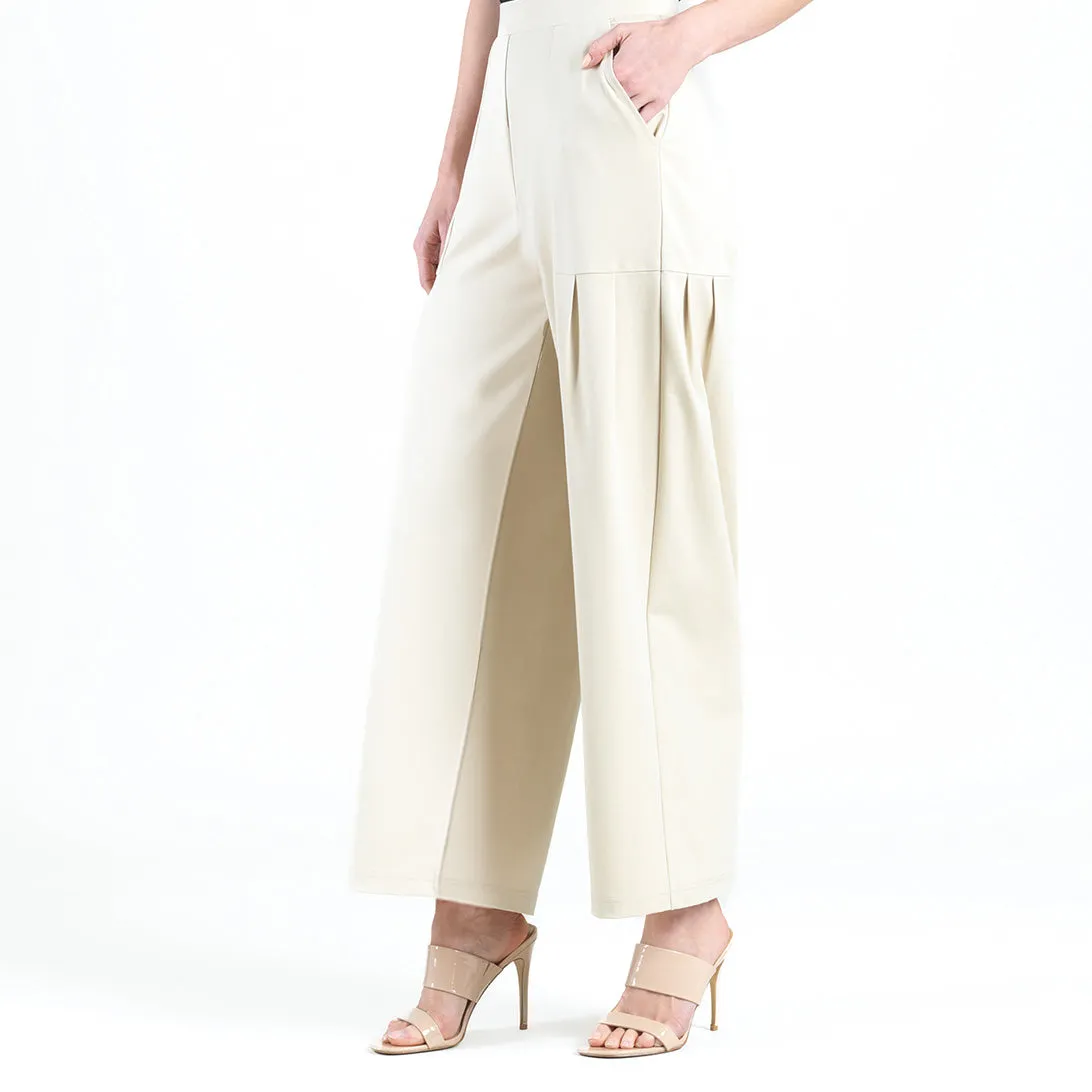 Rayon-Ponte Knit - Pleated Wide Leg Pocket Pant - Khaki