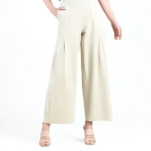 Rayon-Ponte Knit - Pleated Wide Leg Pocket Pant - Khaki