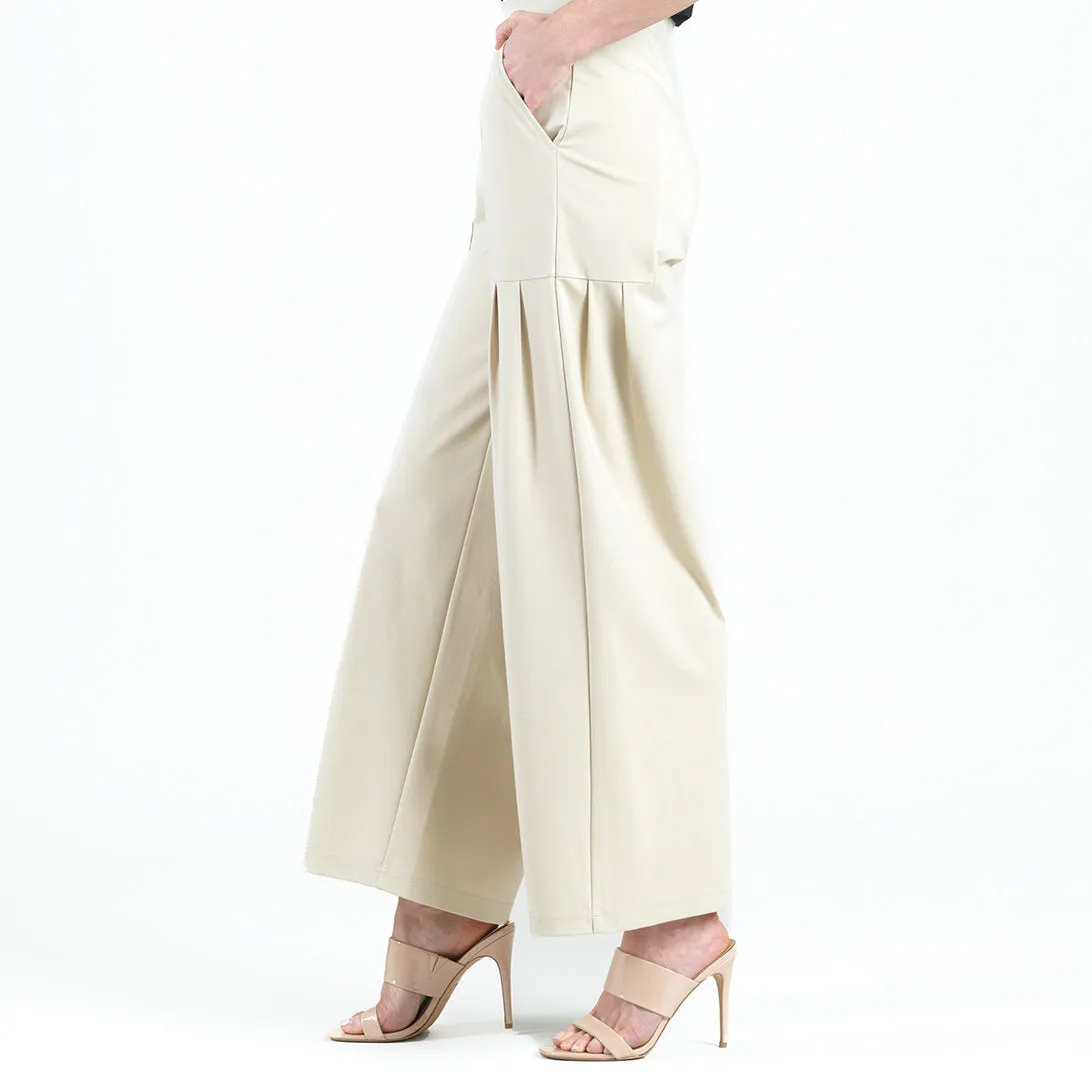 Rayon-Ponte Knit - Pleated Wide Leg Pocket Pant - Khaki