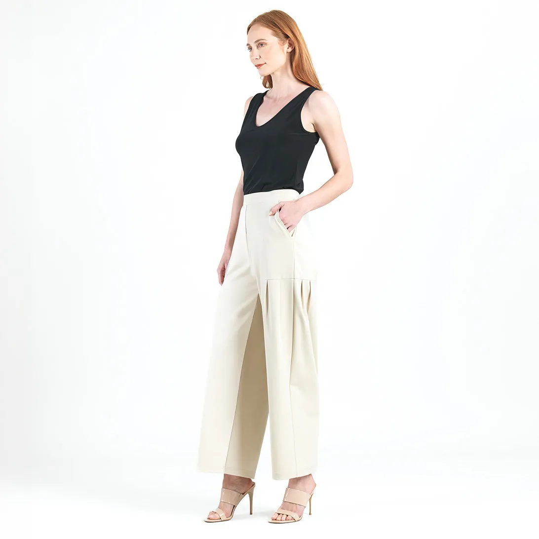 Rayon-Ponte Knit - Pleated Wide Leg Pocket Pant - Khaki