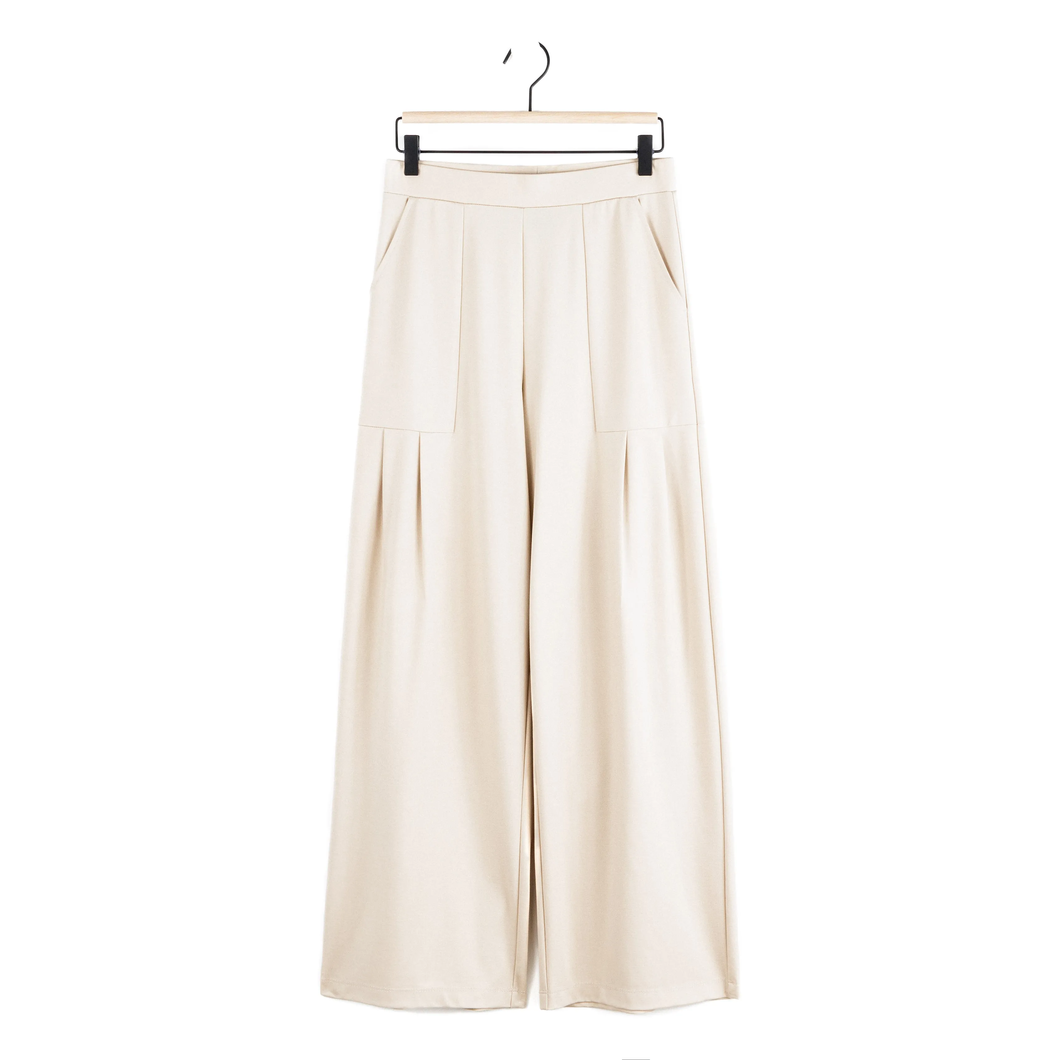 Rayon-Ponte Knit - Pleated Wide Leg Pocket Pant - Khaki