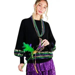 Sequin Trim Detail Mardi Gras Sweater Black Top