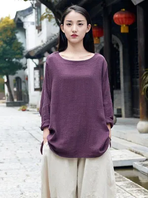 Simple Retro Loose Ramie Cotton Tops