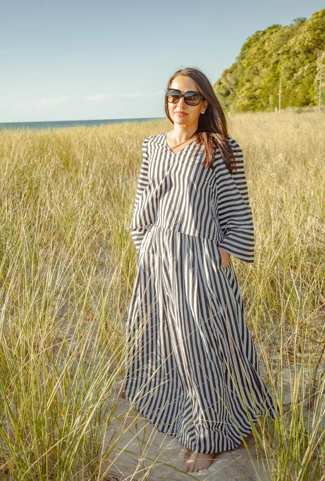 Smocked Waist Maxi Skirt - Black and White Stripe