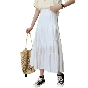 Spring Summer Women Chiffon Skirts Vintage High Waist Elastic Patchwork White Black Chic Long Cake A-line Skirt for Student