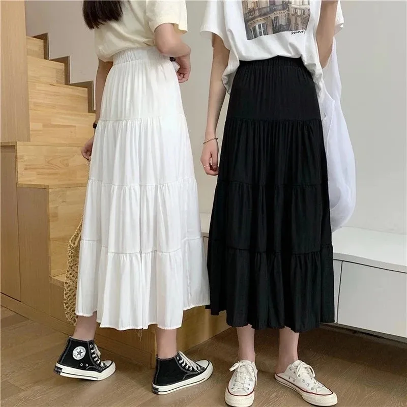 Spring Summer Women Chiffon Skirts Vintage High Waist Elastic Patchwork White Black Chic Long Cake A-line Skirt for Student