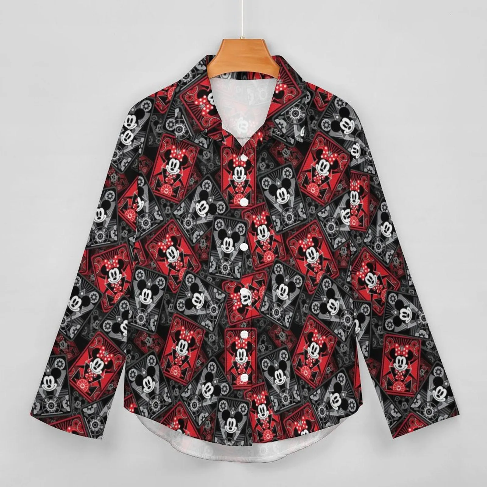 Steamboat Mickey And Minnie Cards Long Sleeve Button Up Blouse