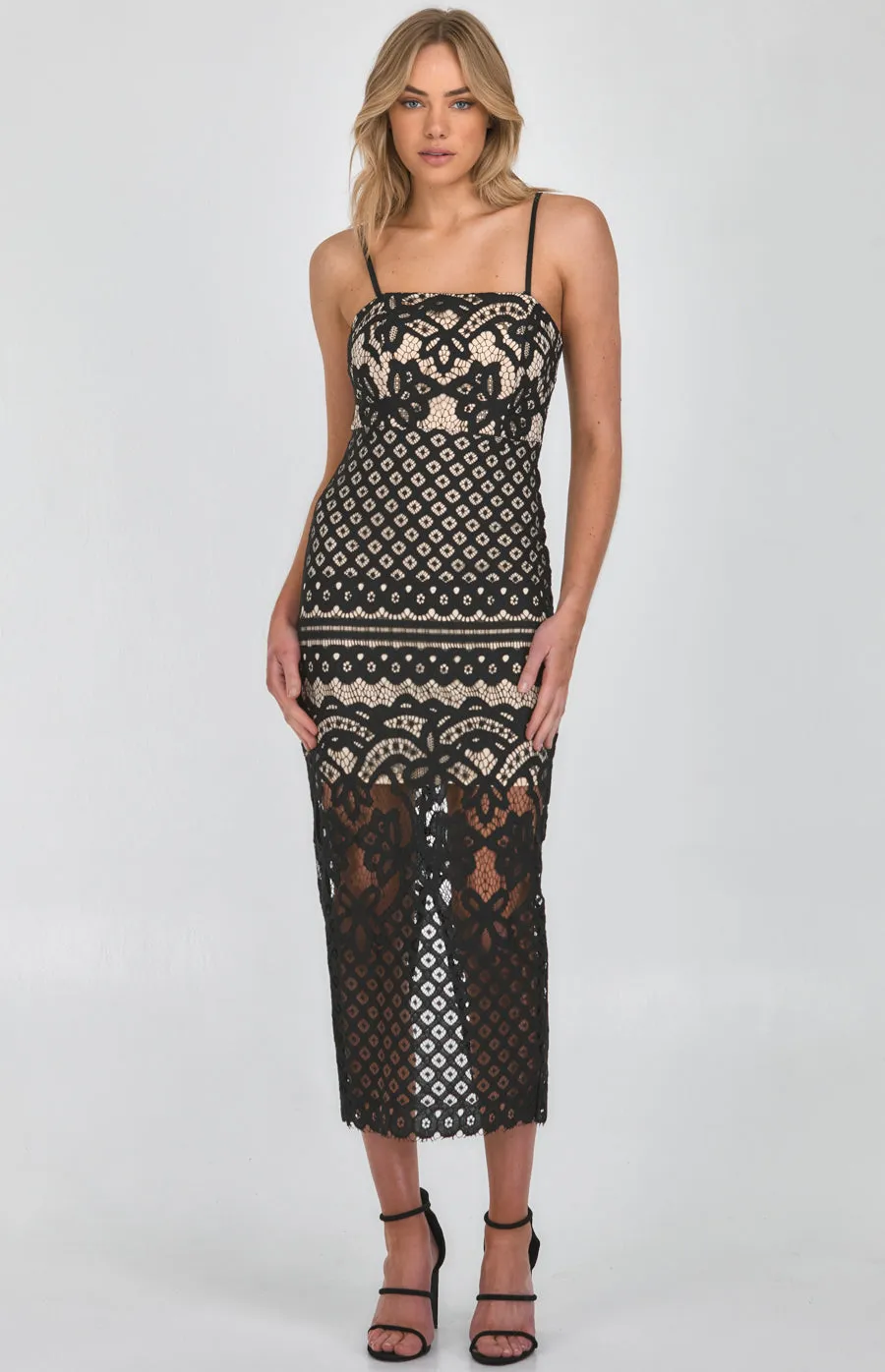 Strapless Lace Placement Panel Midi Dress