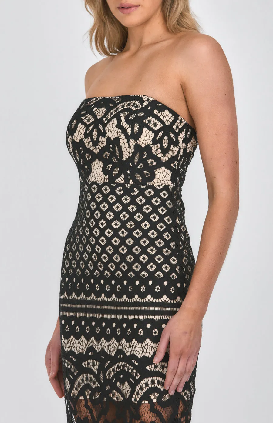 Strapless Lace Placement Panel Midi Dress