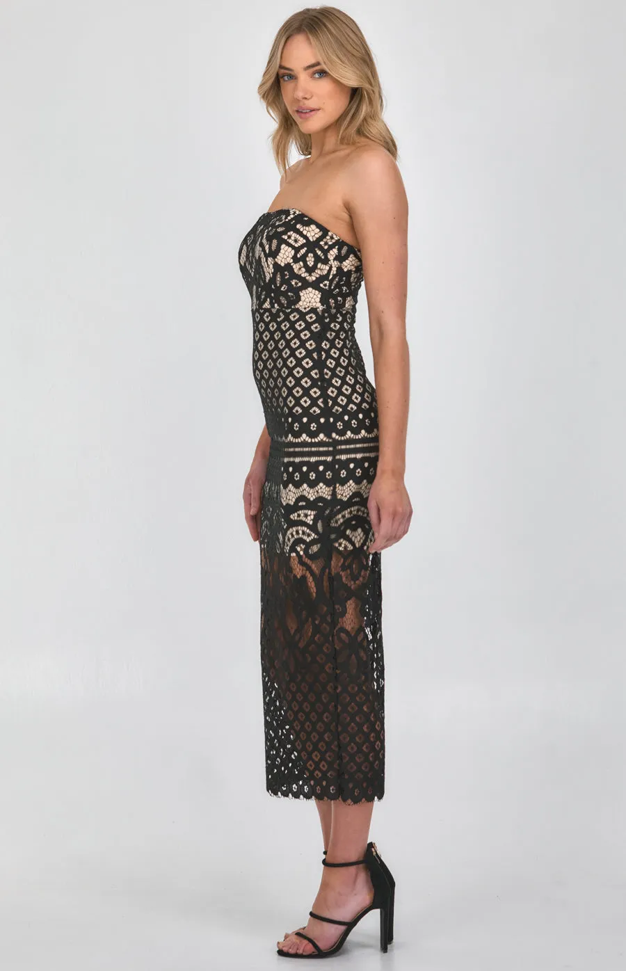 Strapless Lace Placement Panel Midi Dress