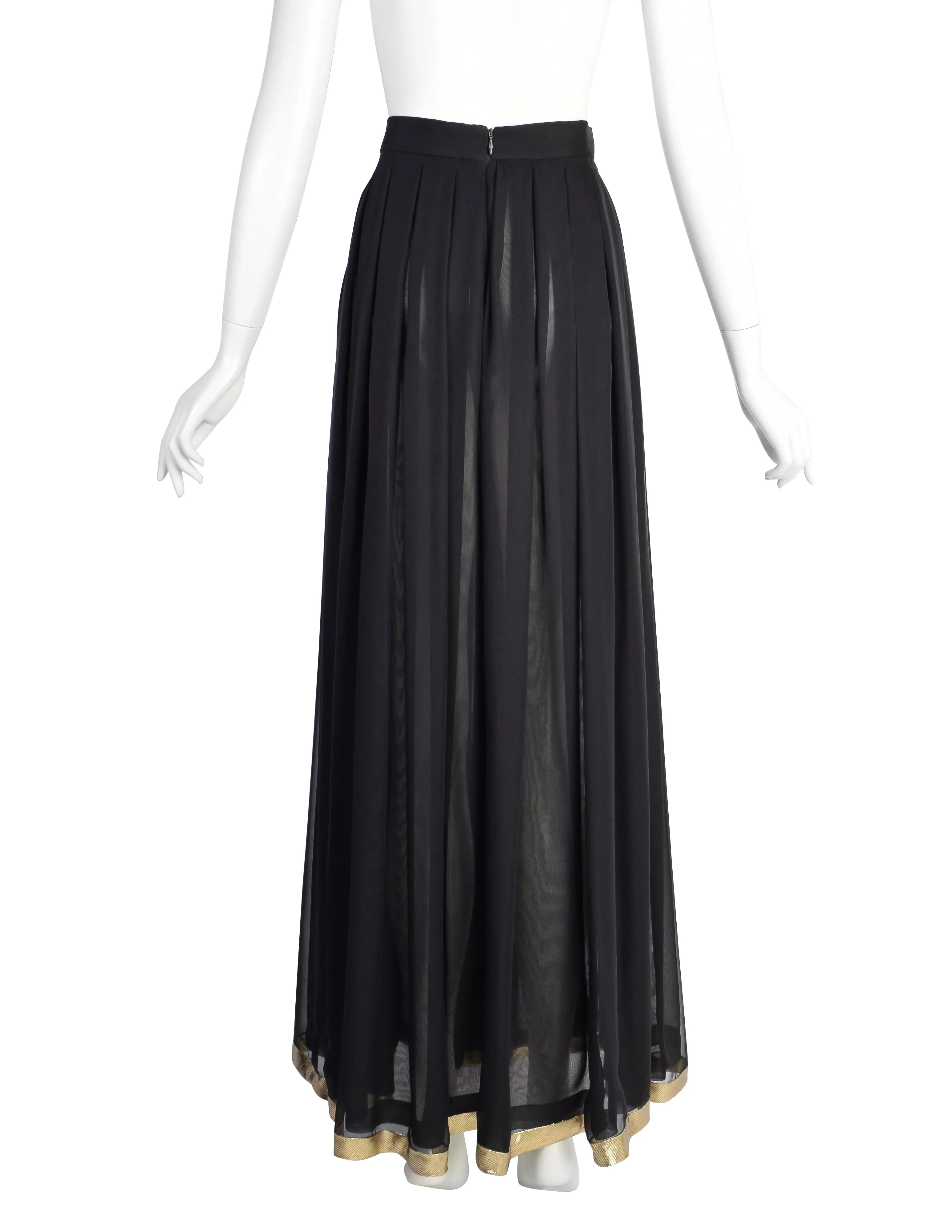 Luxurious Valentino Vintage Black Sheer Silk Georgette Maxi Skirt with Metallic Gold Stripes and Pleated Design