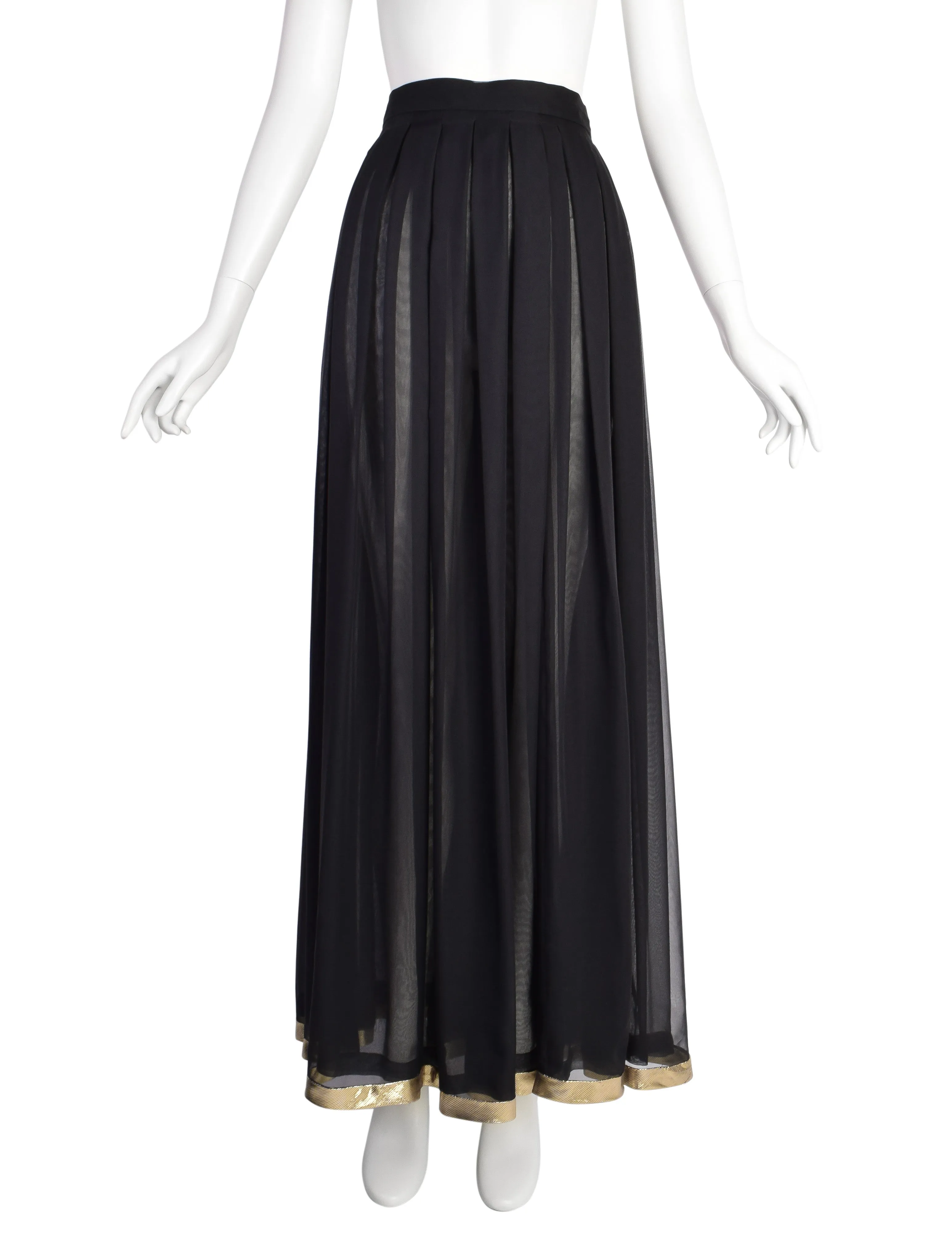 Luxurious Valentino Vintage Black Sheer Silk Georgette Maxi Skirt with Metallic Gold Stripes and Pleated Design