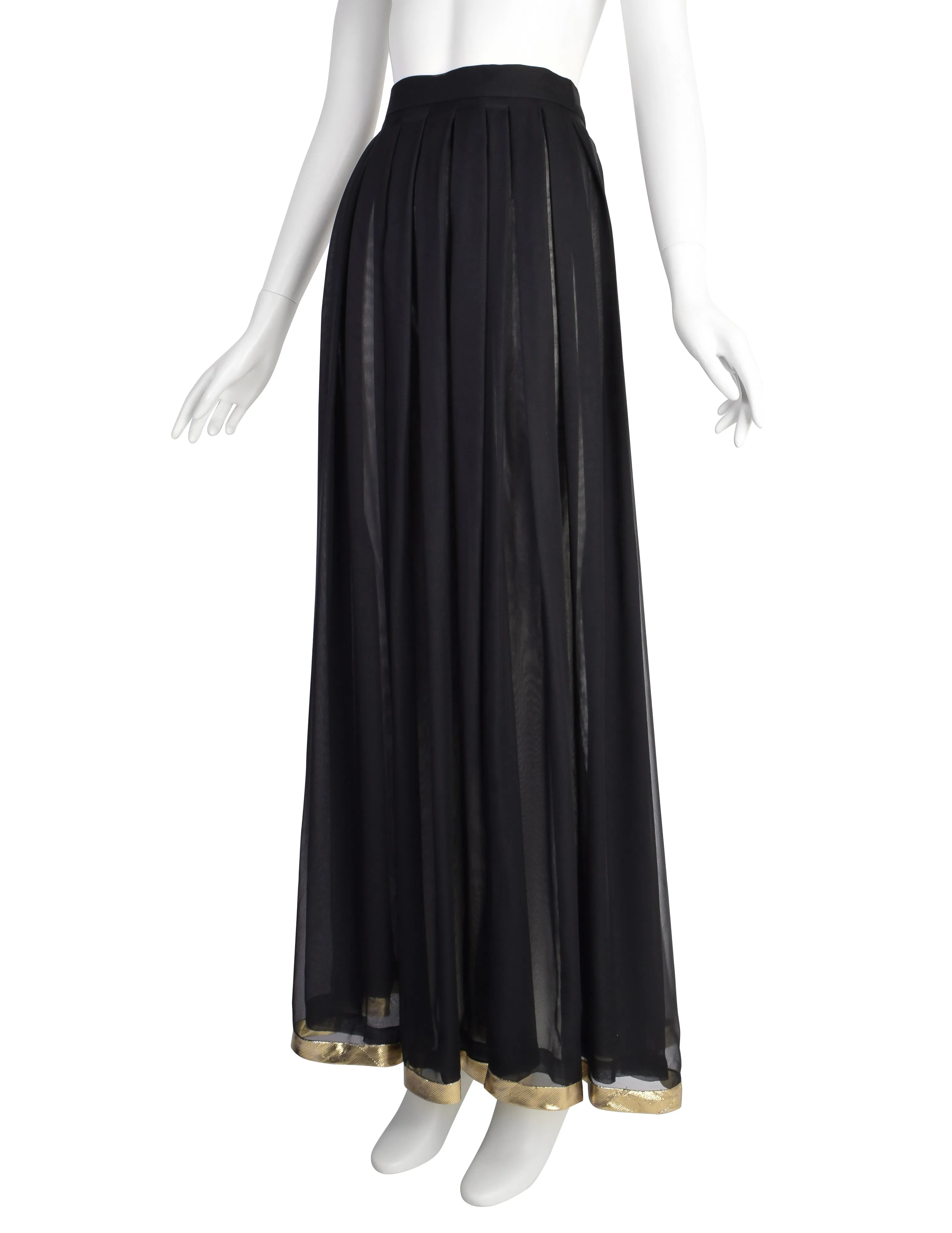 Luxurious Valentino Vintage Black Sheer Silk Georgette Maxi Skirt with Metallic Gold Stripes and Pleated Design