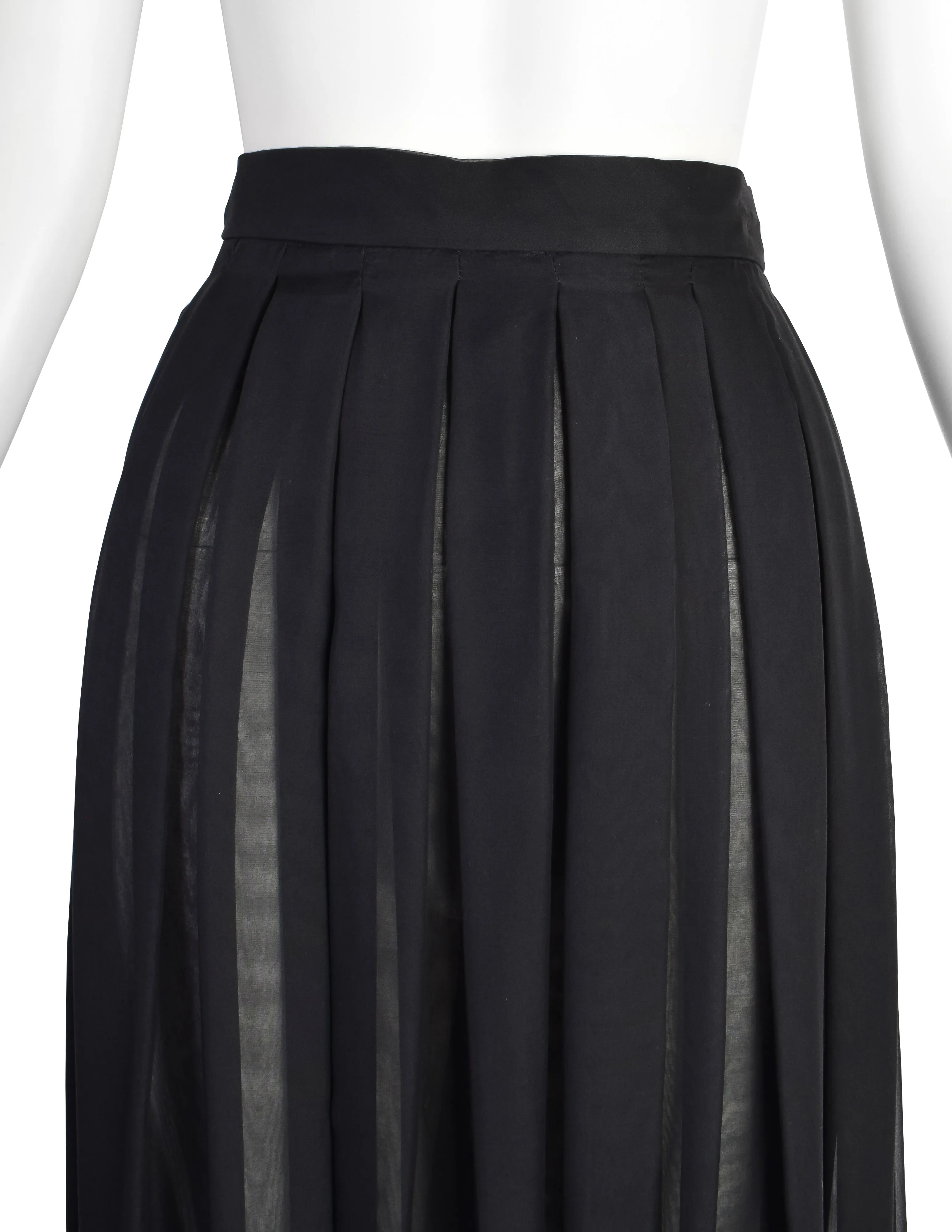 Luxurious Valentino Vintage Black Sheer Silk Georgette Maxi Skirt with Metallic Gold Stripes and Pleated Design