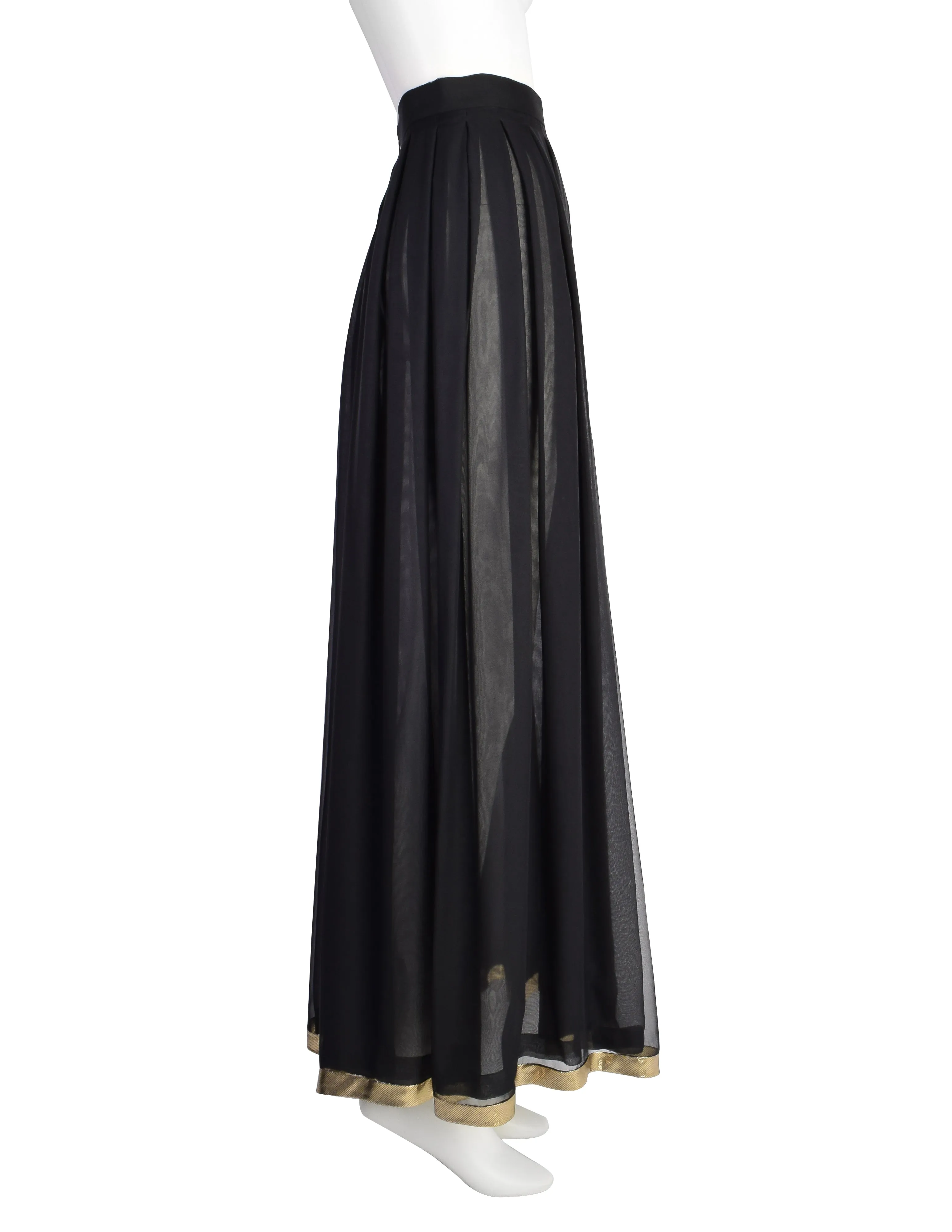 Luxurious Valentino Vintage Black Sheer Silk Georgette Maxi Skirt with Metallic Gold Stripes and Pleated Design