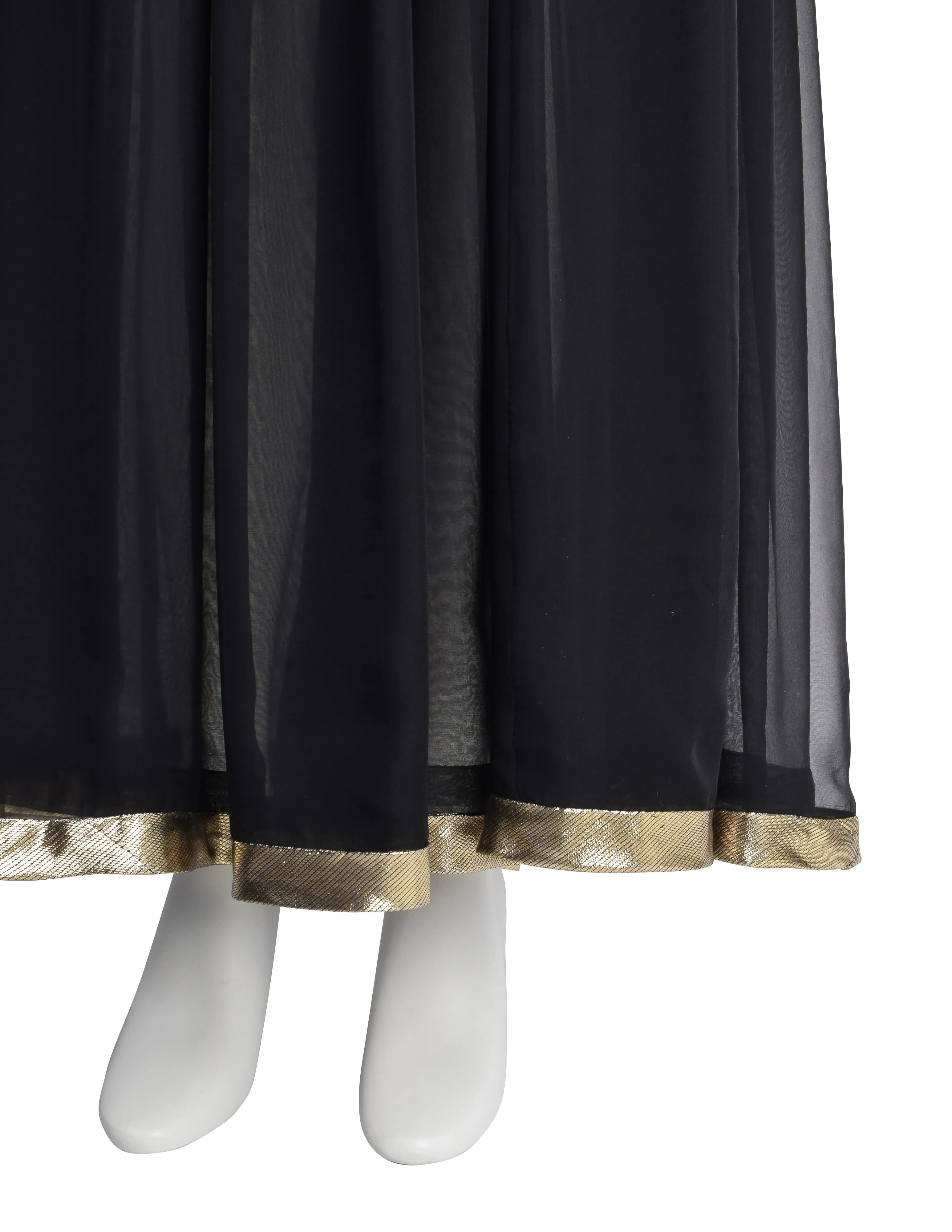 Luxurious Valentino Vintage Black Sheer Silk Georgette Maxi Skirt with Metallic Gold Stripes and Pleated Design