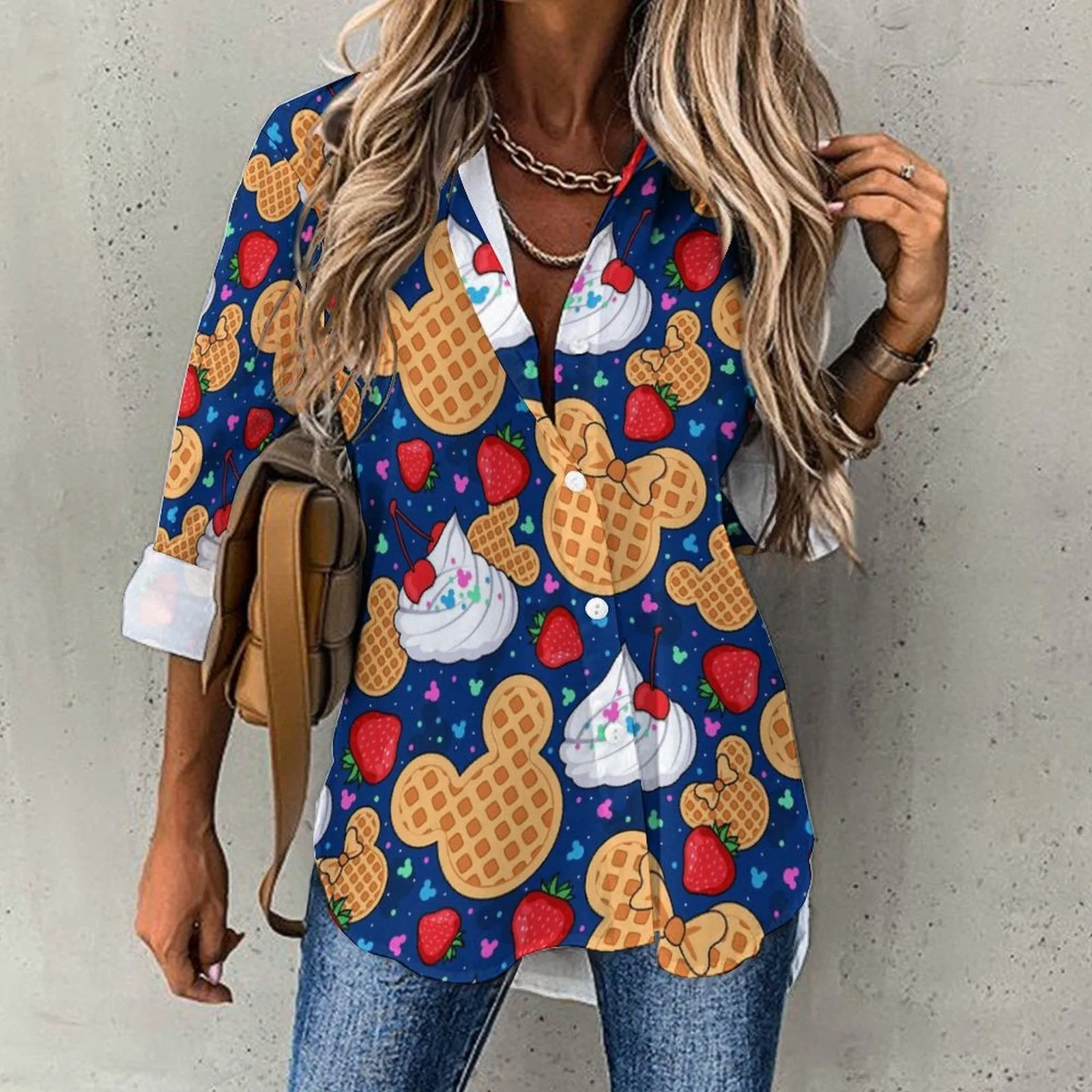 Waffles Long Sleeve Button Up Blouse