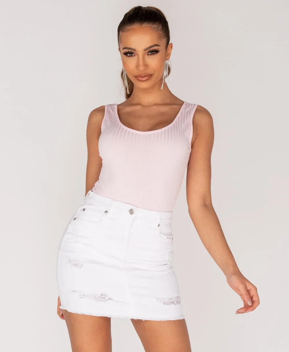 White Distressed Frayed Hem Denim Mini Skirt