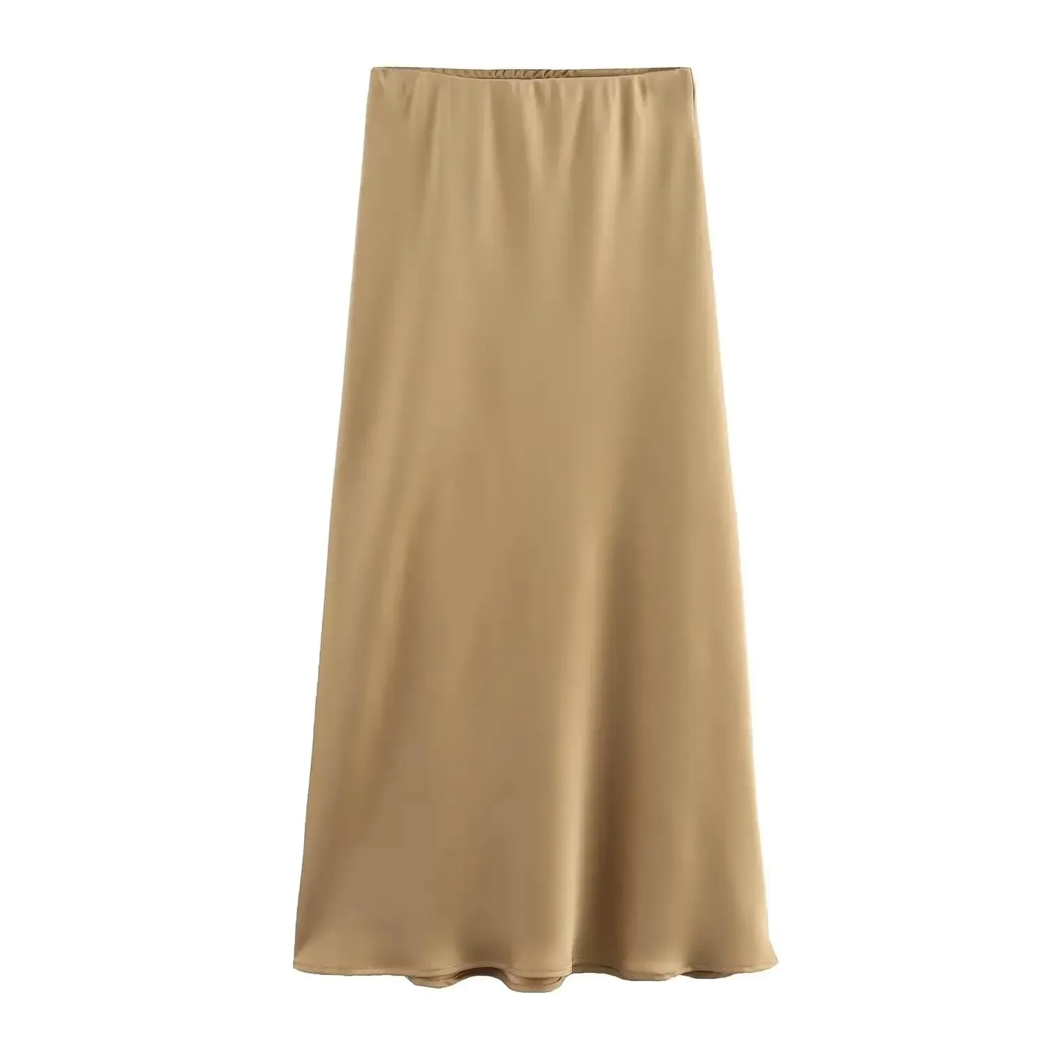 Women Fashion Satin Solid Pleated Midi Skirt Vintage Mid Elastic Waist Female Chic Lady Skirts