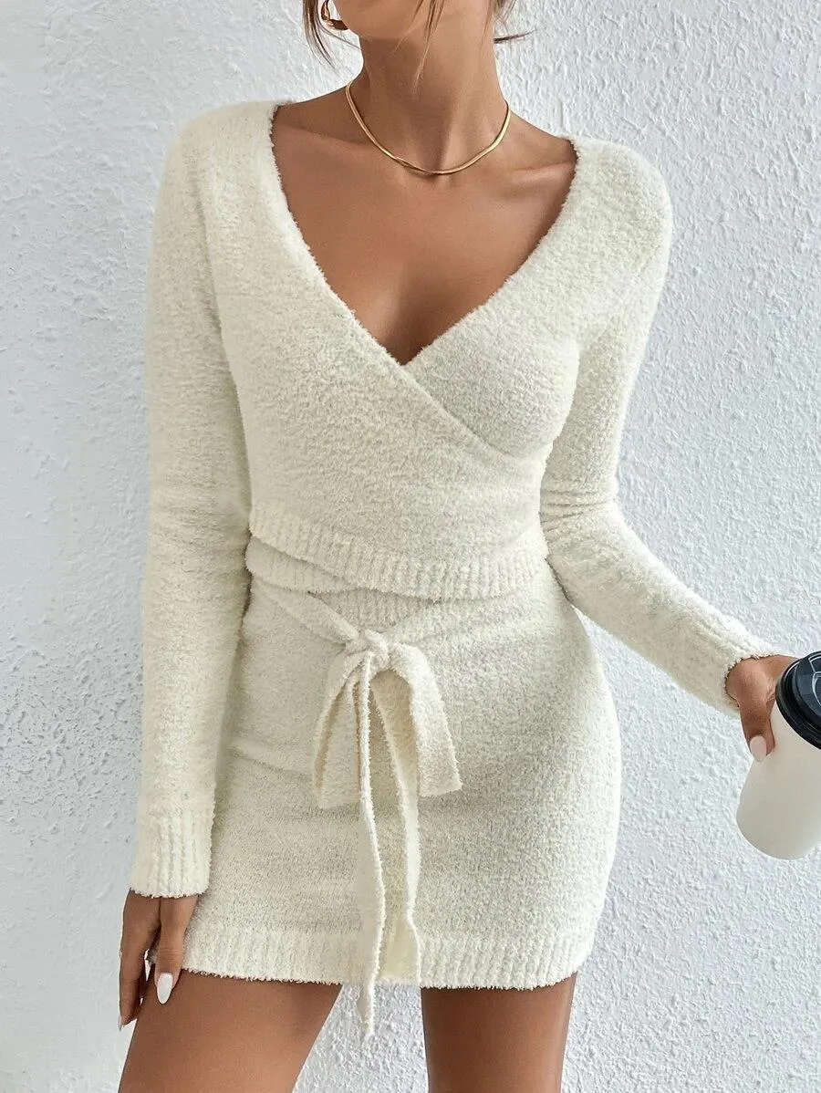 Women Wear Suit Knitted Solid Color Top Sweater Dress Two Piece Set for Women